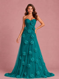 3D Floral Applique Strapless Tulle Prom Dress with High Slit
