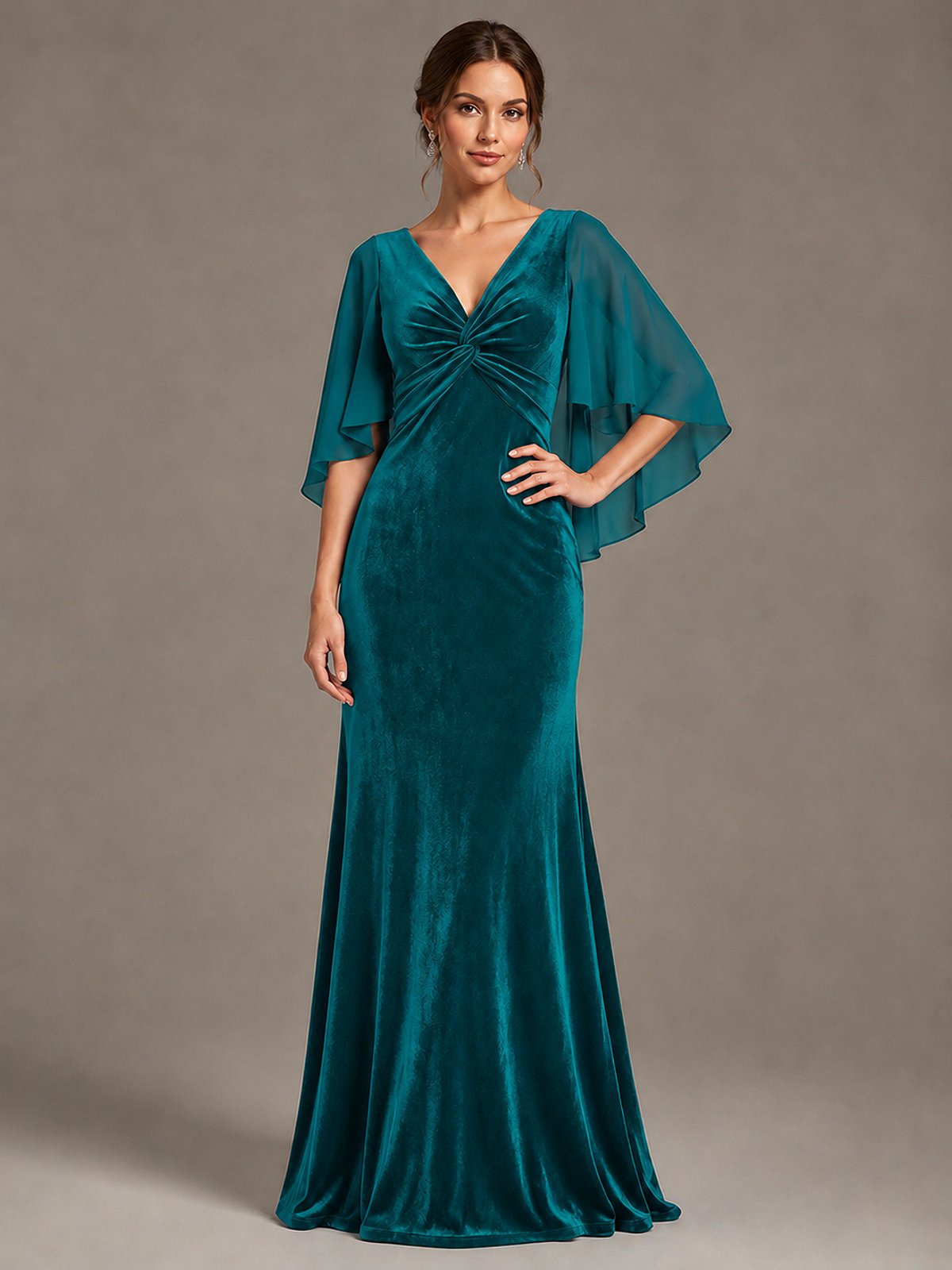 Navy Blue Velvet V Neck Mermaid Formal Dress with Flutter Cape Sleeves