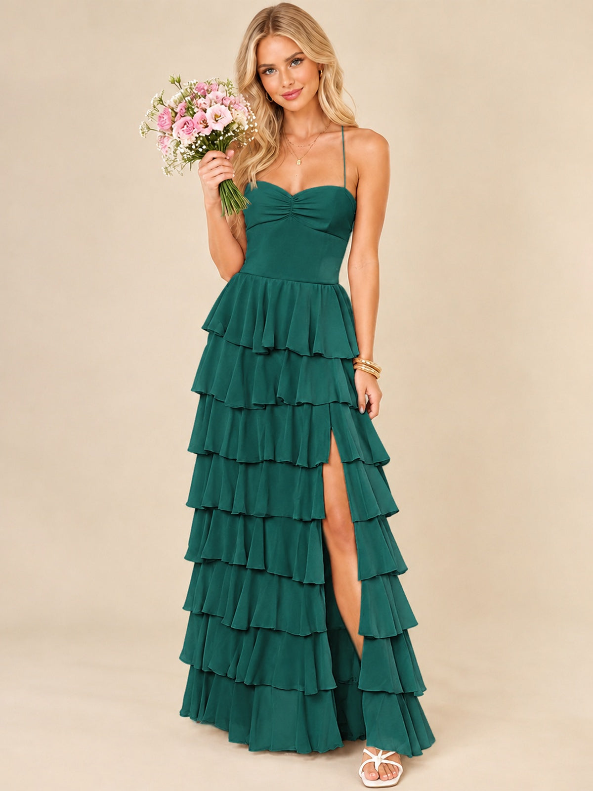Ruffled Tiered Chiffon Prom Dress Spaghetti Straps Formal Maxi Dress with Slit