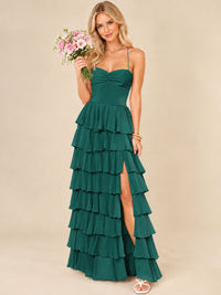 Ruffled Tiered Chiffon Prom Dress Spaghetti Straps Formal Maxi Dress with Slit