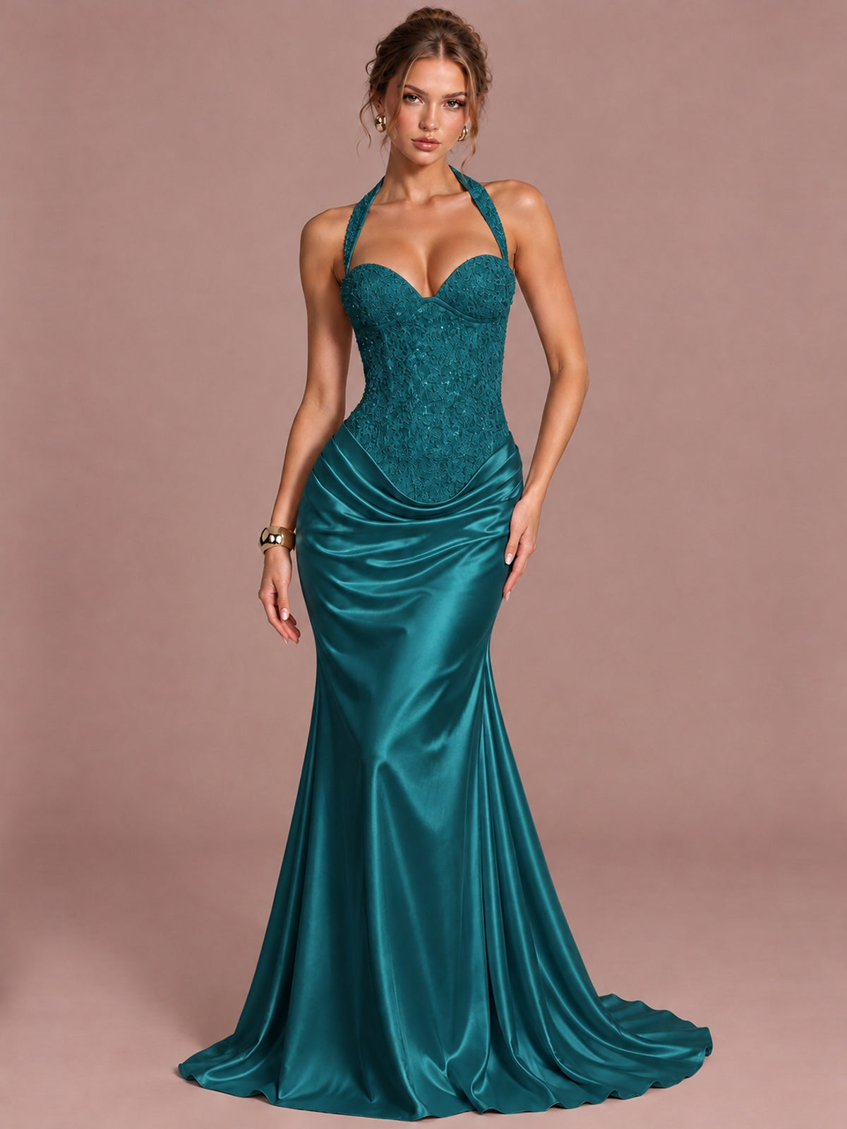 Teal Sparkling Halter Corset Satin Mermaid Prom Dress Long Ruched Sequin Formal Gown Evening Party Dress
