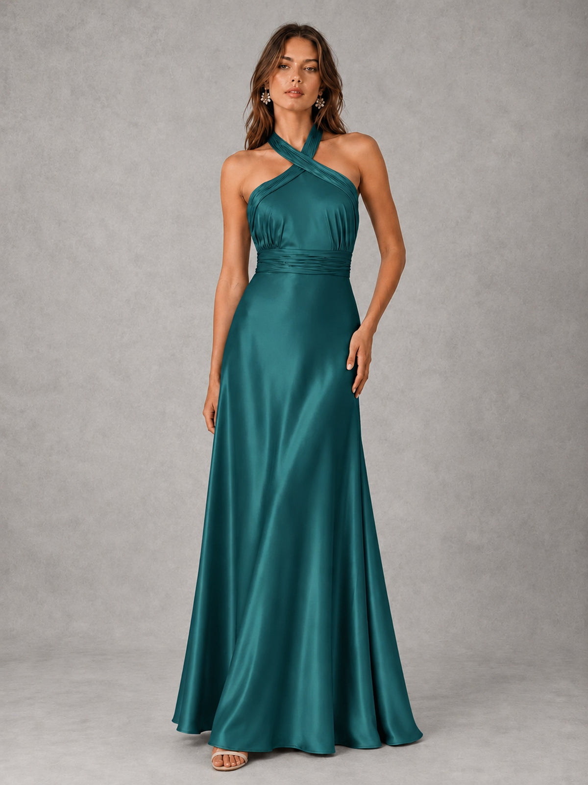 Sage Green Satin A-Line Bridesmaid Dress with Halter Neck