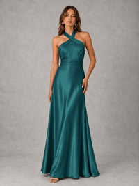 Sage Green Satin A-Line Bridesmaid Dress with Halter Neck