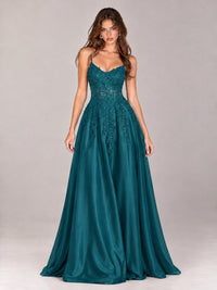 Lace Applique Satin A-Line Prom Dress with Sheer Bodice
