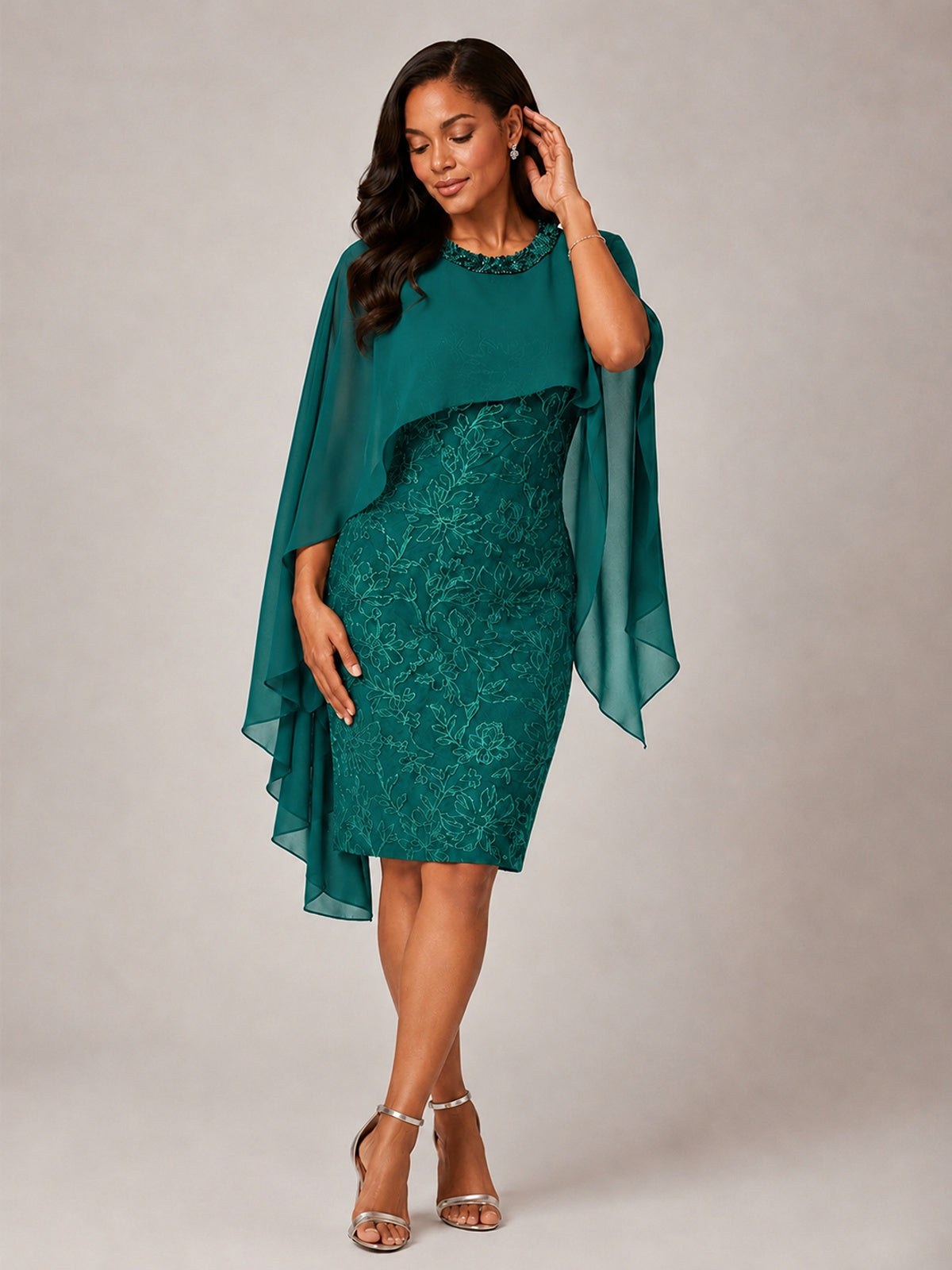 Floral Sheath Mother of the Bride Dress with Cape Overlay