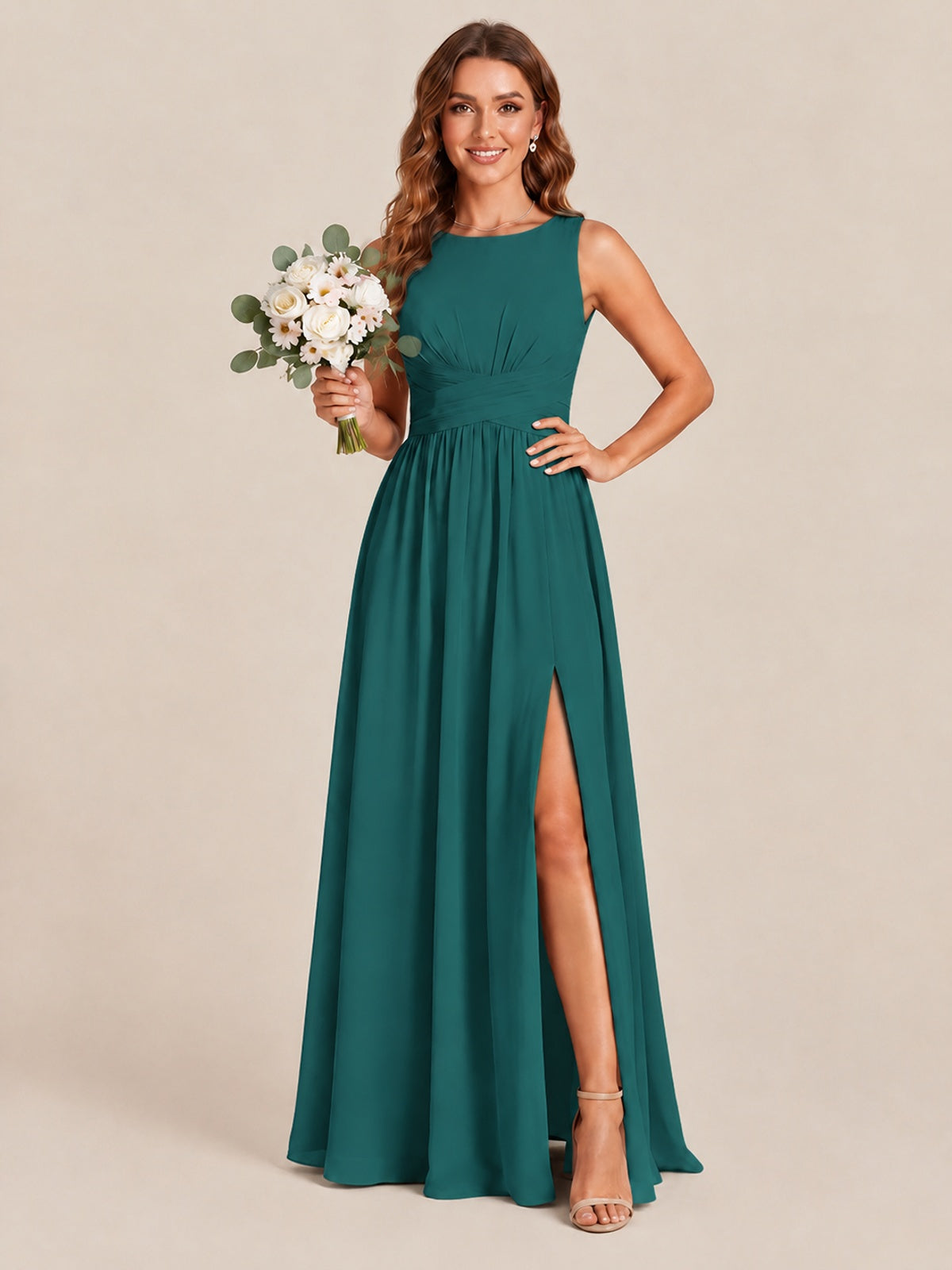 A-line Sleeveless Rucehd Chiffon Bridesmaid Dress with High Slit