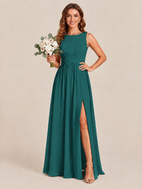 A-line Sleeveless Rucehd Chiffon Bridesmaid Dress with High Slit