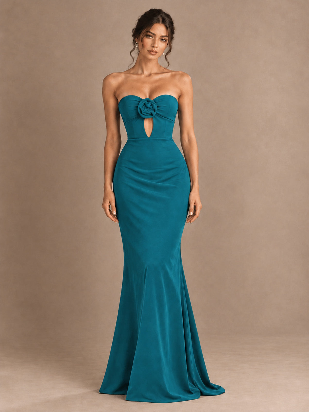 Emerald Green Strapless Mermaid Prom Dress with 3D Rose & Keyhole Cutout