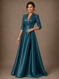 V-Neck Pleated Satin Mother of the Bride Gown with 3/4 Sleeves