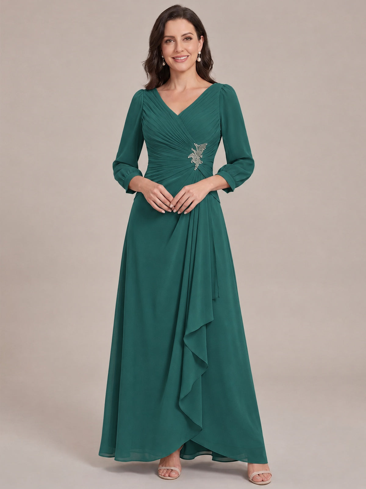 Teal-Long Sleeve Chiffon Beaded Mother of The Bride Dresses for Women