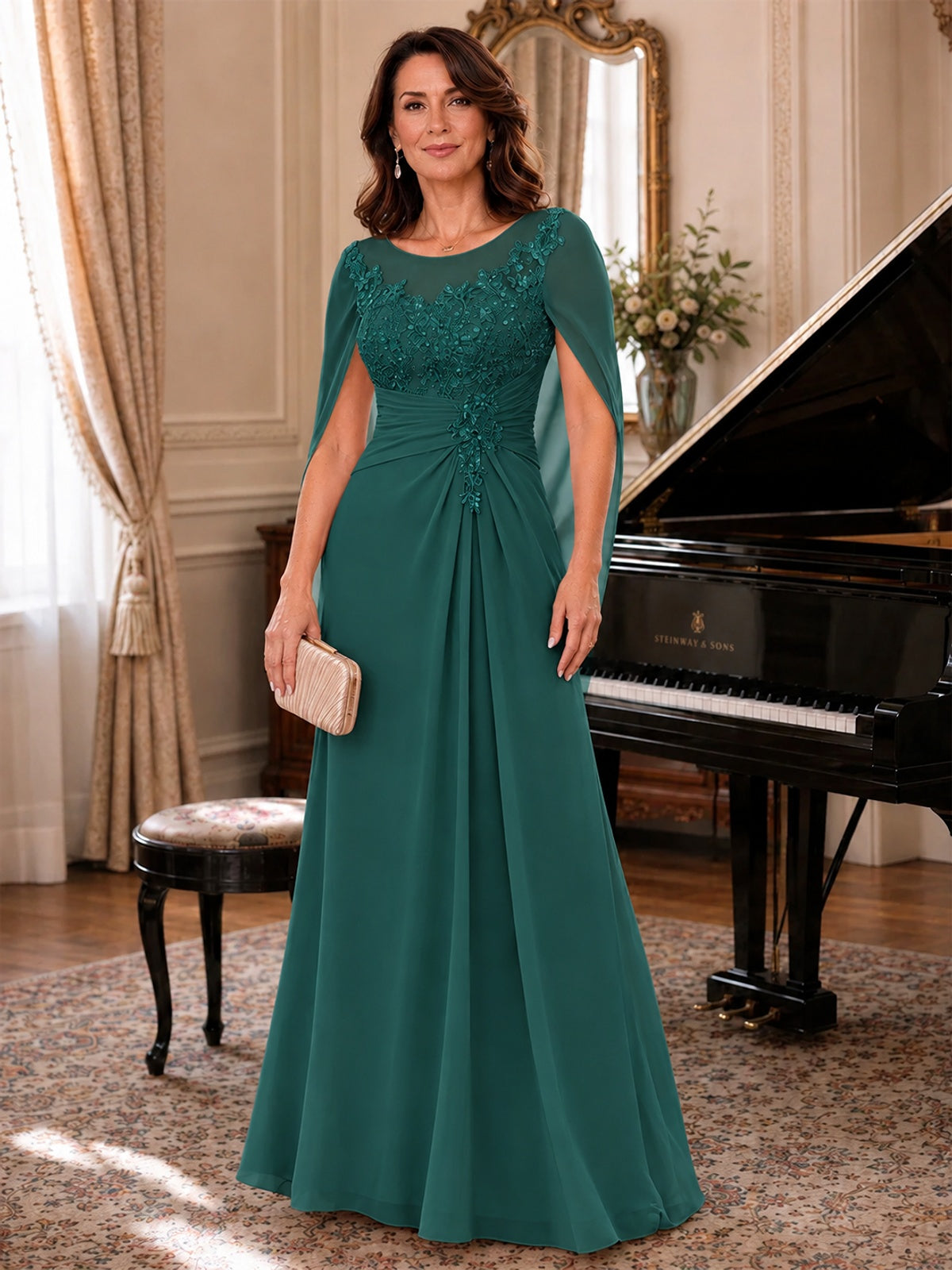 Elegant Applique Chiffon Mother of the Bride Dress with Cape Sleeves
