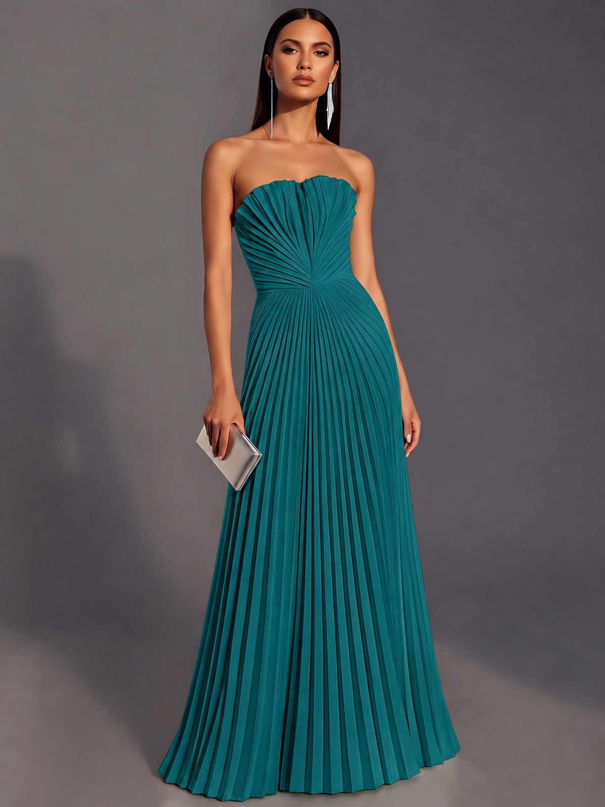 Teal Strapless Pleated Satin Prom Dress Long Formal Gown Evening Dress