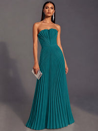 Teal Strapless Pleated Satin Prom Dress Long Formal Gown Evening Dress
