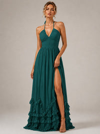 Halter V Neck Chiffon Formal Dress with Lace-Up Back and Ruffle Hem