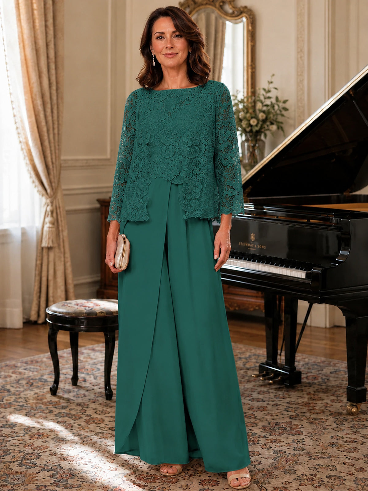 Elegant 3-Piece Chiffon Mother of the Bride Pantsuit with Floral Applique Jacket