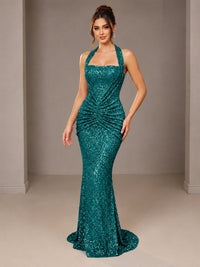 Teal Halter Sequin Mermiad Ruched Prom Dress Long Ruched Eveing Gown