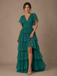 Chiffon V-Neck Tiered Ruffle Bridesmaid Dress with Slit