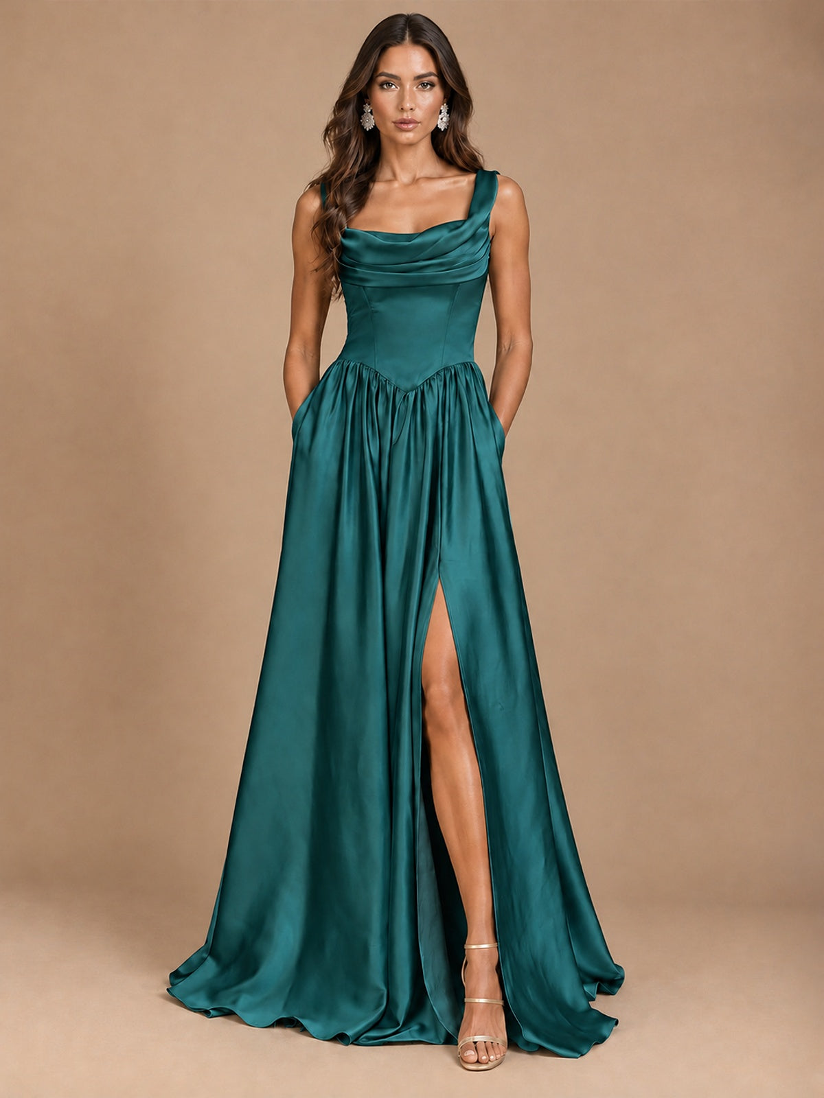 Cowl Neck Pleated Satin Prom Dress with Pockets & Slit Maxi Formal Gowns