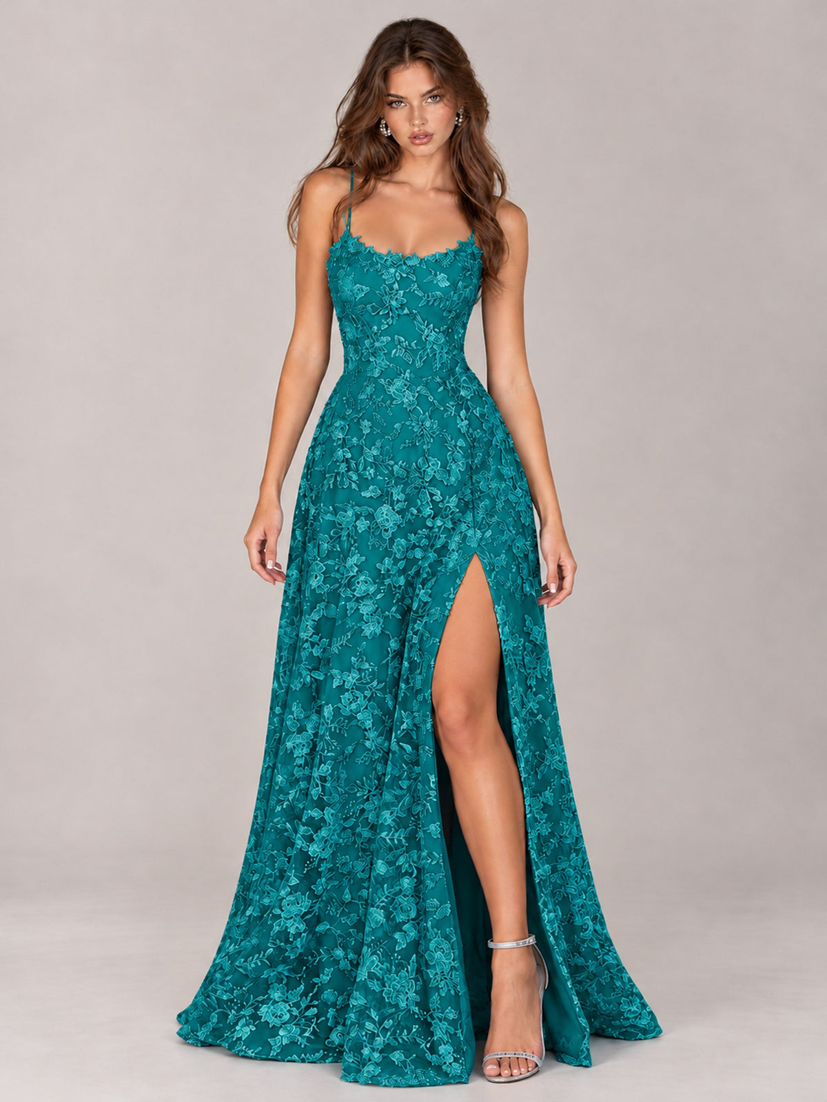 Floral Lace A-Line Prom Dress with Spaghetti Straps & High Slit
