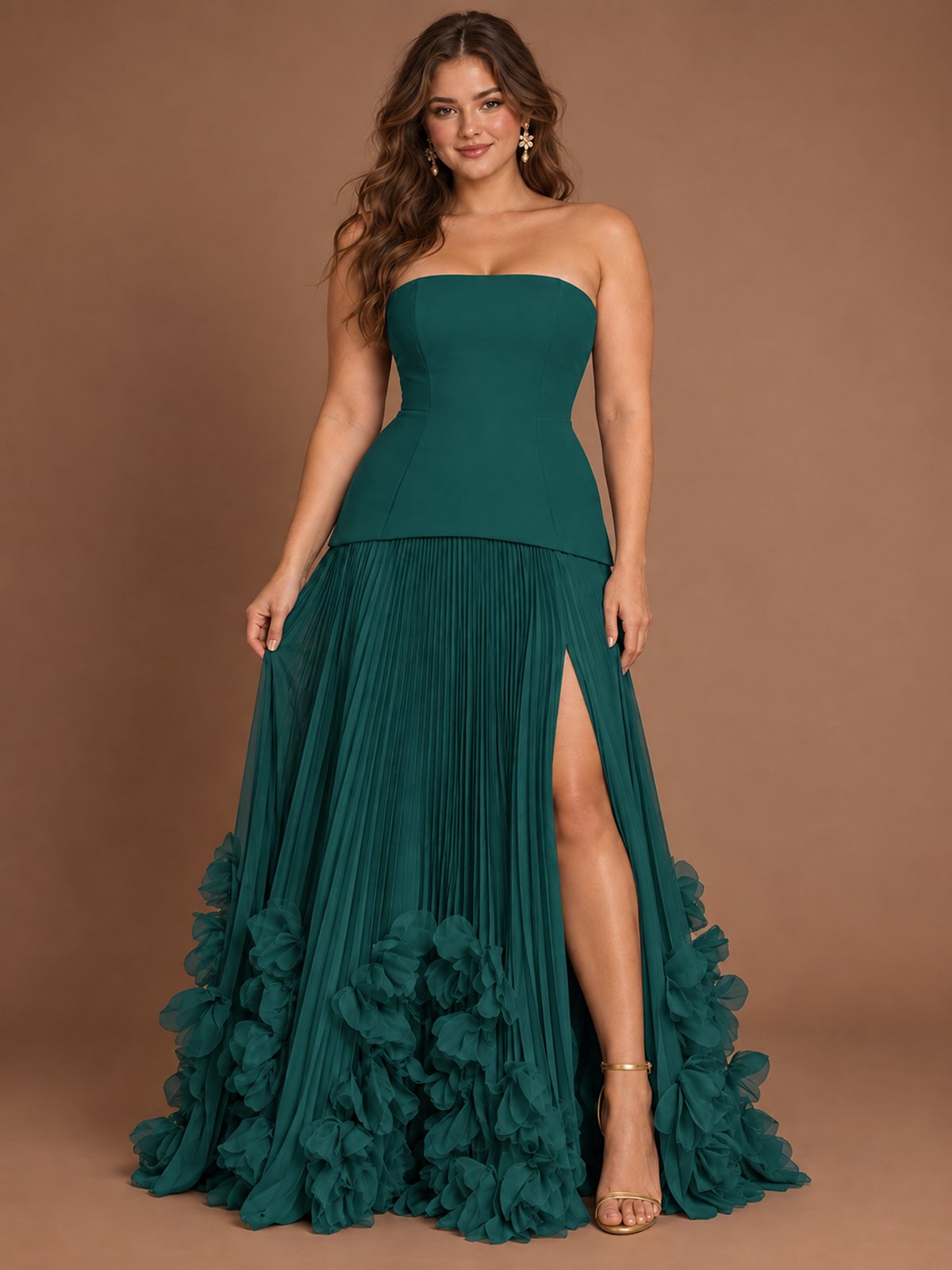 Strapless Pleated Floral Satin Formal Dress with Side Slit