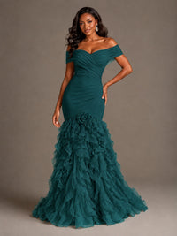 Pink Off-the-Shoulder Mermaid Prom Dress with Ruffles 3D Flowers