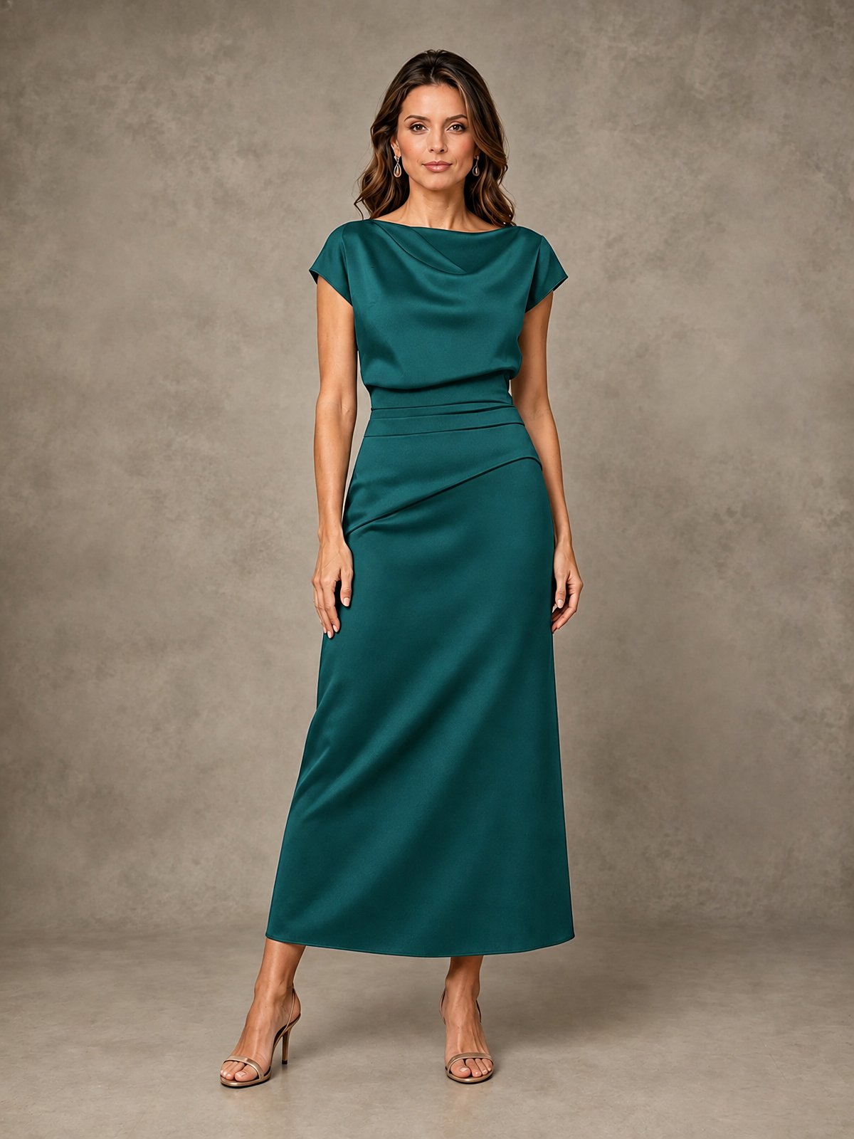 Cowl Neck Satin Mother of the Bride Dress with Ruched Waist