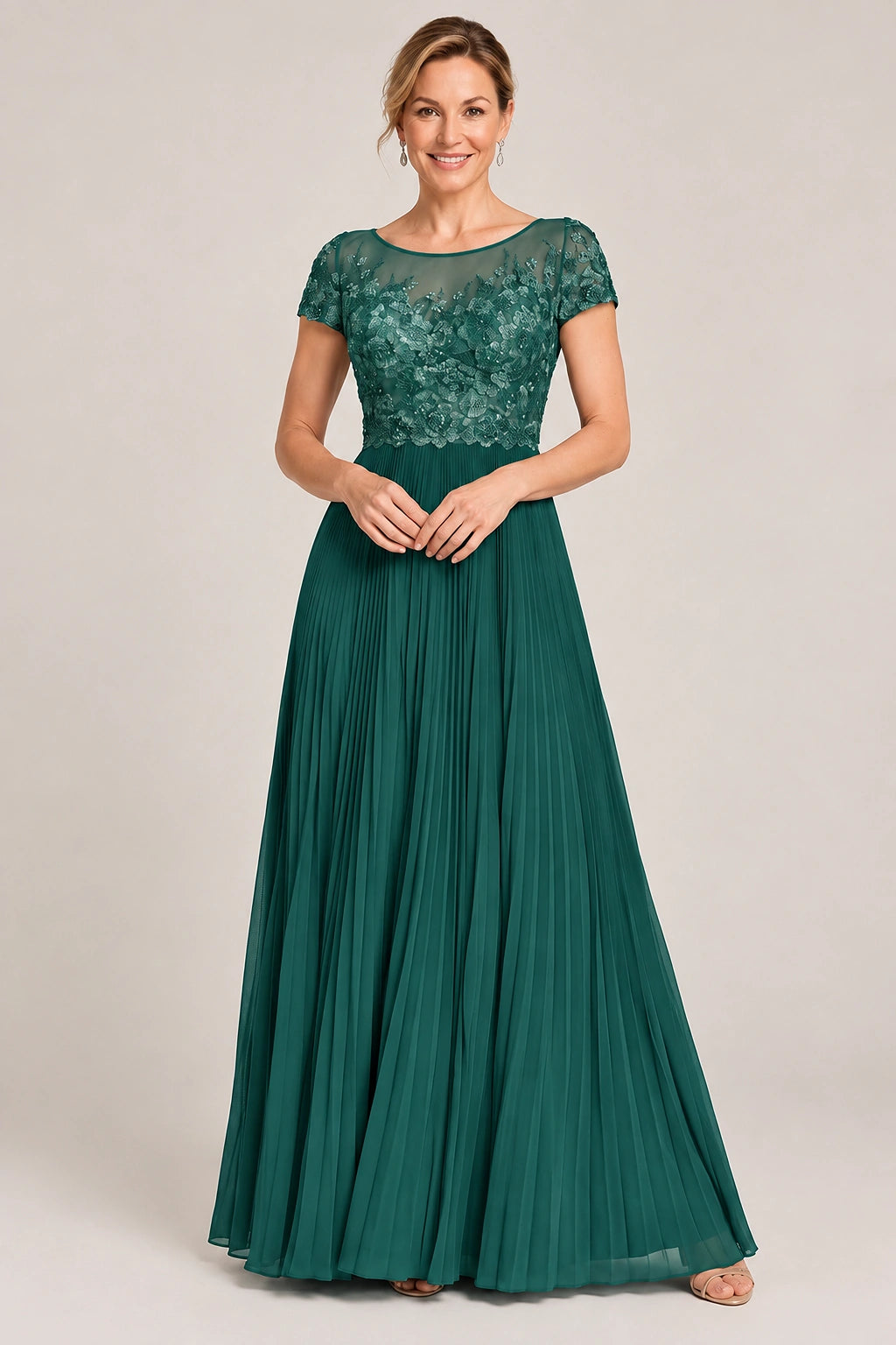 Embroidered Lace Pleated Mother of the Bride Dress