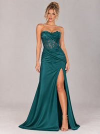 Strapless Satin Prom Dress with Sheer Lace Corset & High Slit