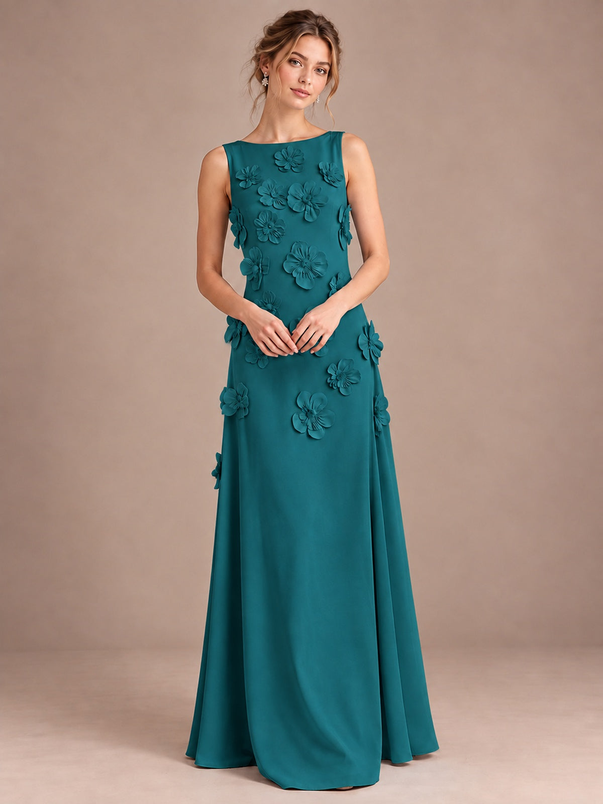 3D Floral Applique Sleeveless Formal Maxi Dress