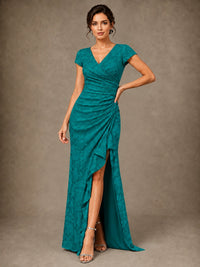 V-Neck Floral Jacquard Mother of the Bride Dress with Slit