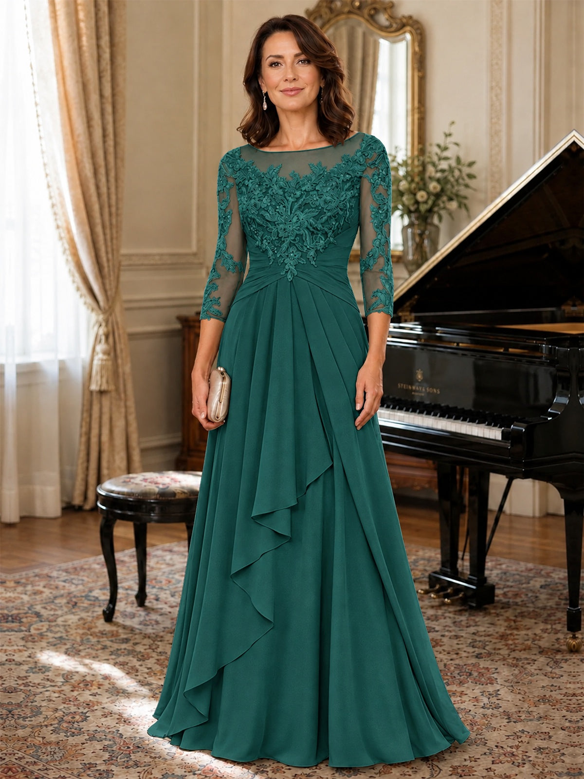 A-Line Chiffon Mother of the Bride Dress with Floral Applique 3/4 Sleeves