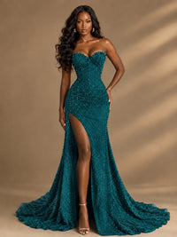 Beaded Sequin Prom Dress Strapless Formal Gowns with High Slit Train