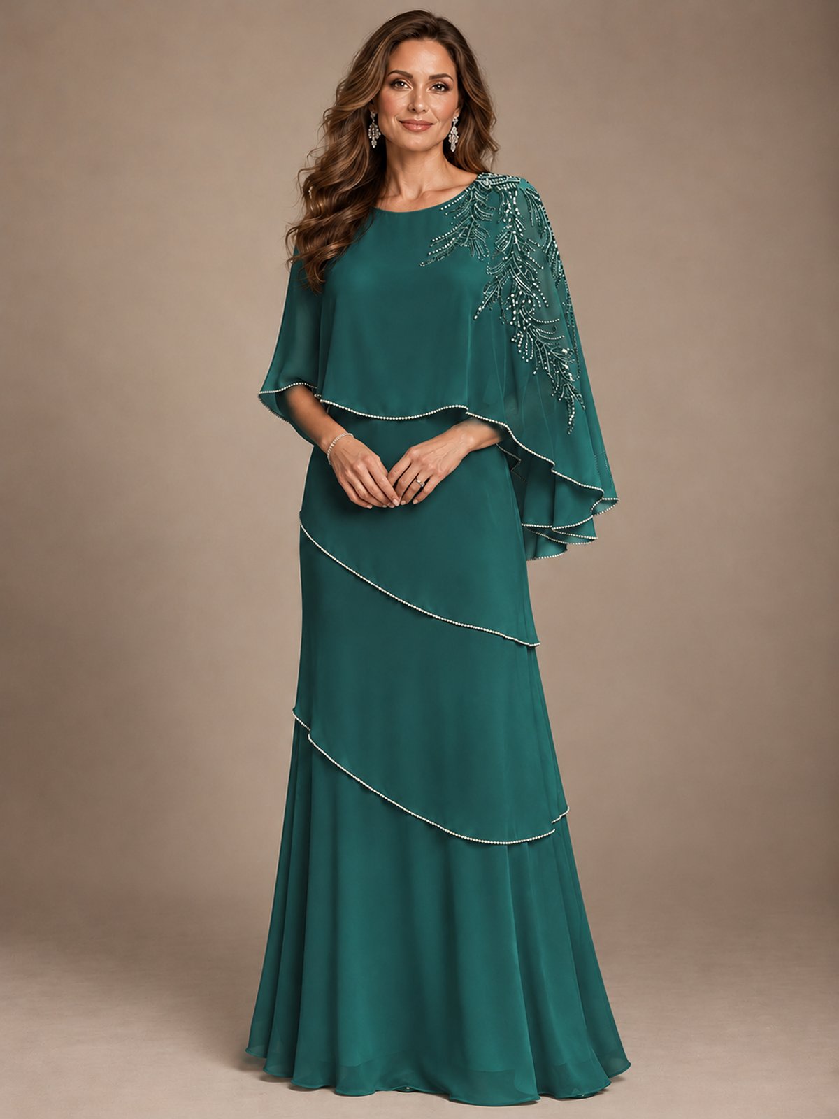 Elegant Chiffon Cape Sleeve Beaded Mother of the Bride Dress