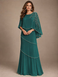 Elegant Chiffon Cape Sleeve Beaded Mother of the Bride Dress