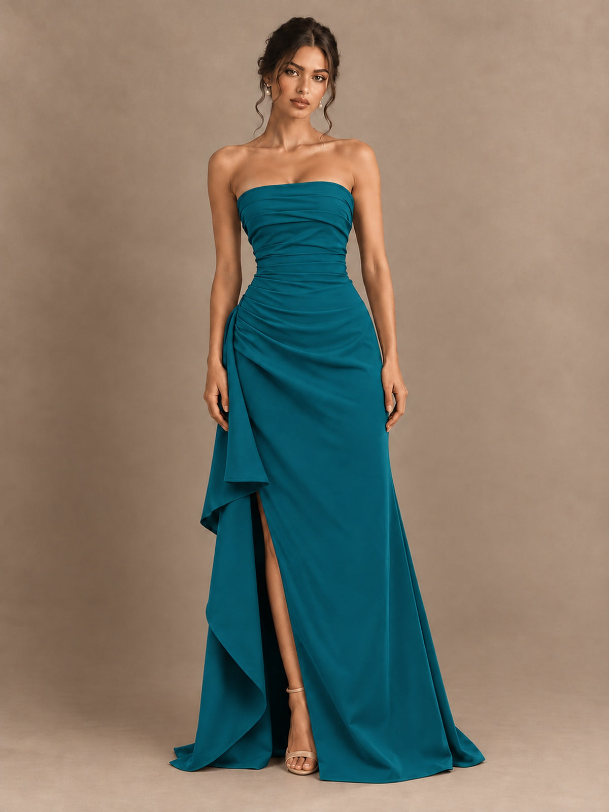 Black and White Strapless Ruched Prom Dress with High Slit & Side Drape