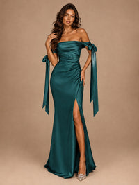Off The Shuolder Satin Prom Dress Slit Mermaid Formal Gowns