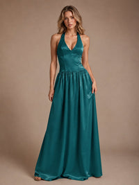Pink V Neck Halter Satin Maxi Dress
