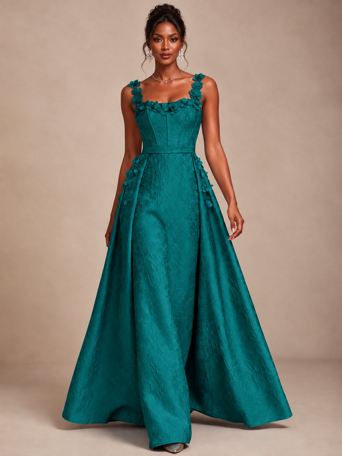 Light Blue 3D Floral Jacquard Prom Dress with Detachable Overskirt Corset Gown