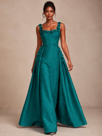 Light Blue 3D Floral Jacquard Prom Dress with Detachable Overskirt Corset Gown