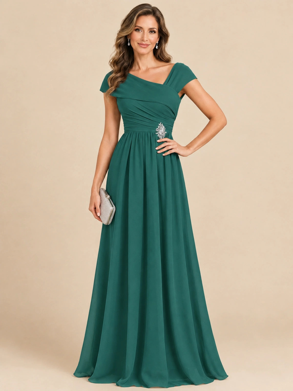 Cap Sleeve Mother of The Bride Dresses Long Chiffon Formal Gowns