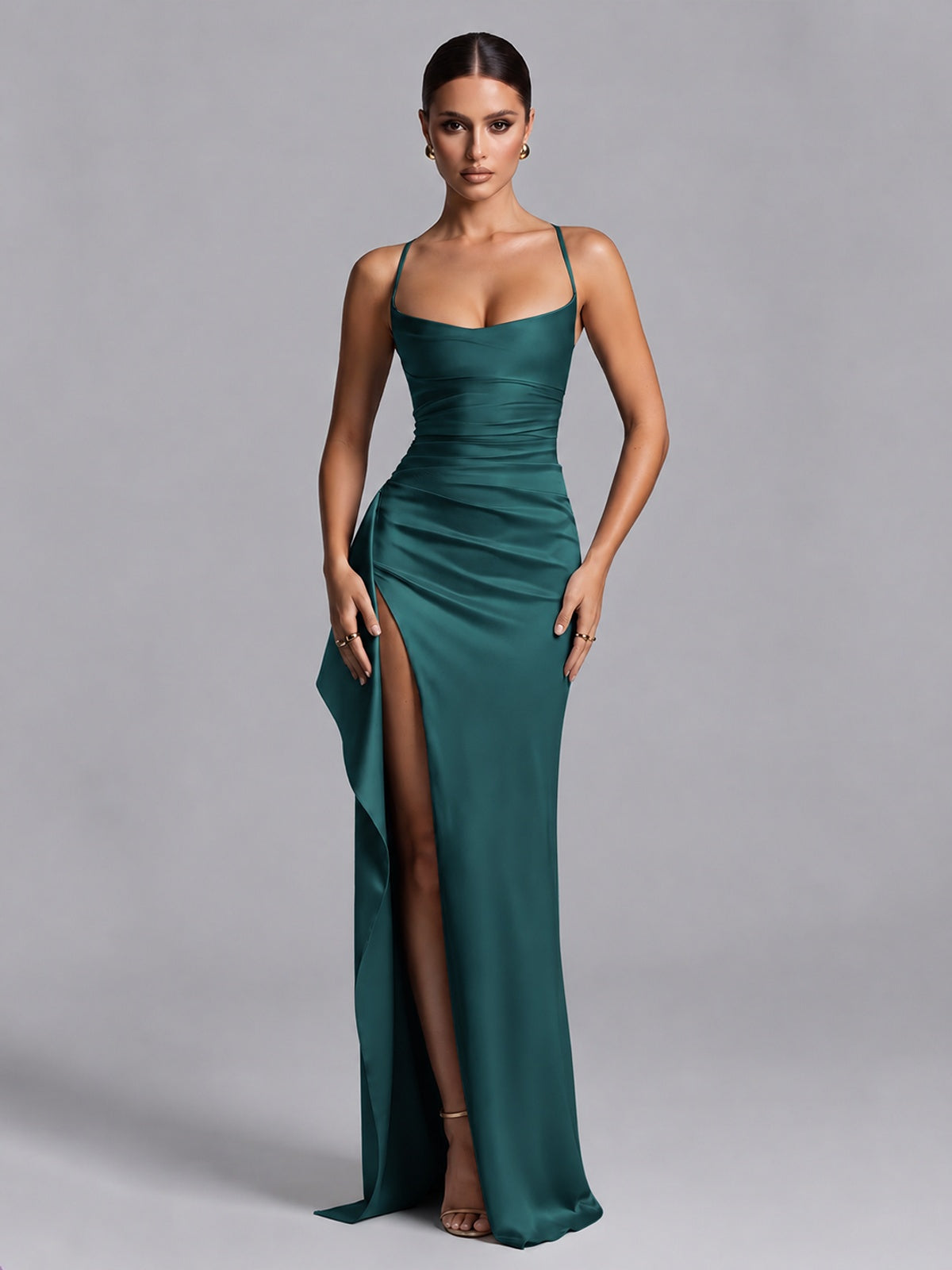 Teal Squre Neck Pleated Satin Prom Dresses for Teens Women Long Evening Formal Gown with Slit Ruffles