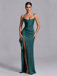 Teal Squre Neck Pleated Satin Prom Dresses for Teens Women Long Evening Formal Gown with Slit Ruffles