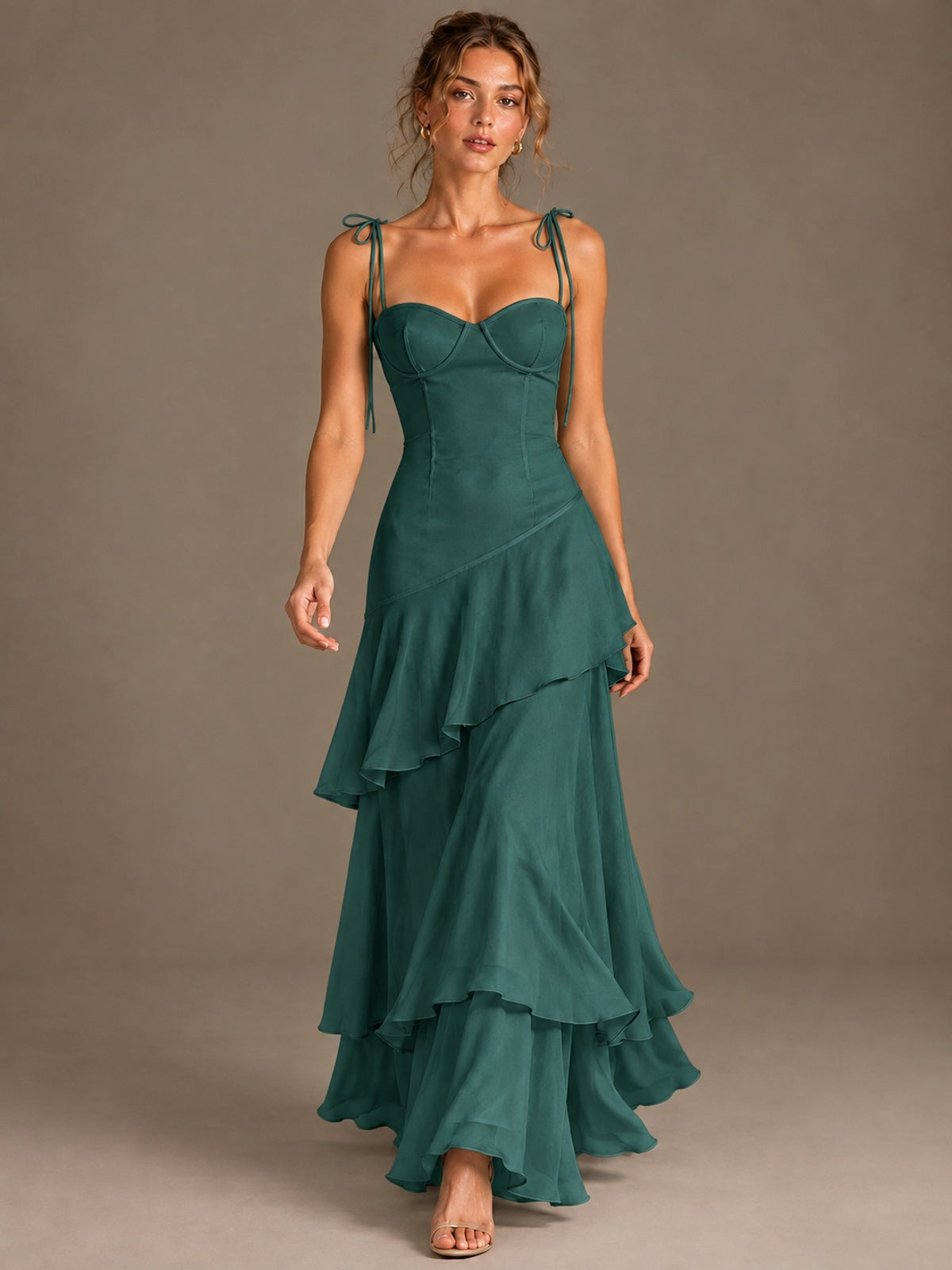 Spaghetti Strap Tiered Ruffles Chiffon Prom Dress