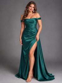 Off Shoulder Satin Maxi Dress with Slit