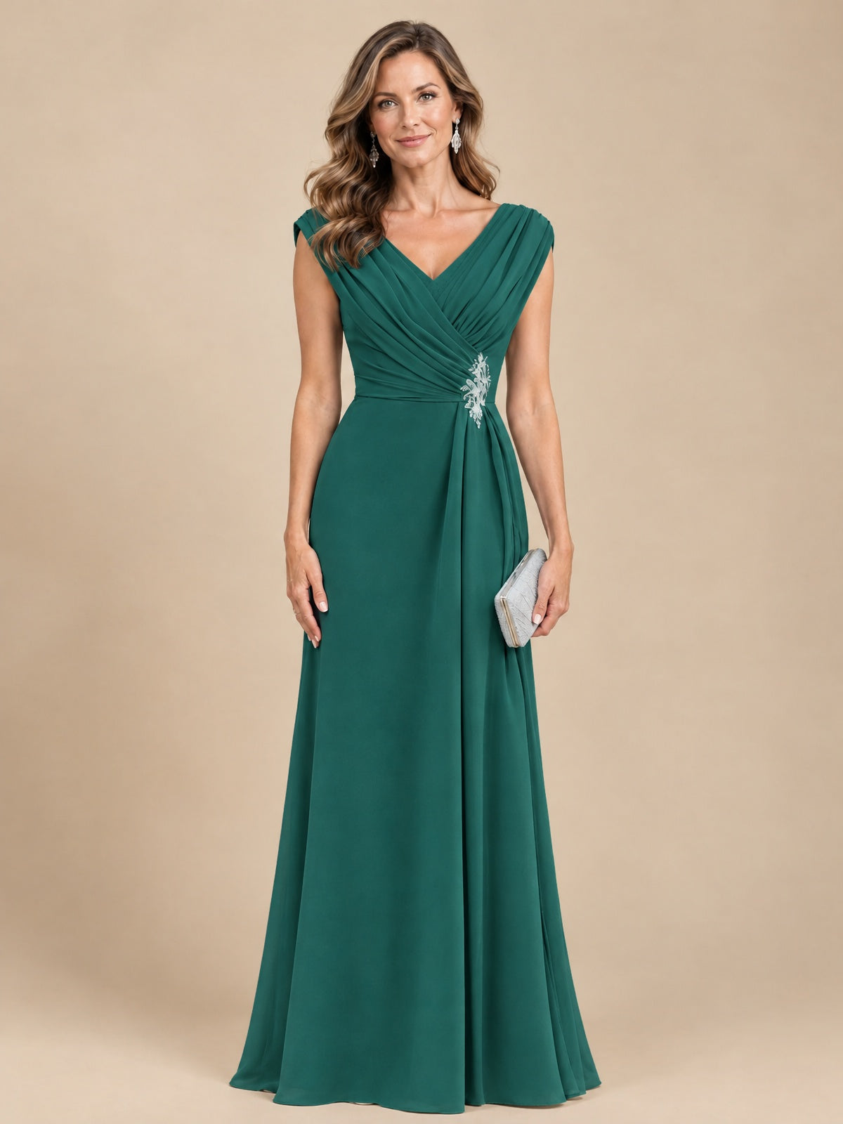 V Neck Pleated Mother of The Bride Dresses with Beading Cap Sleeves