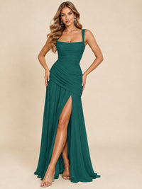 Wrap Pleated Prom Dress Scoop Neck with Slit Women Wedding Formal Dress