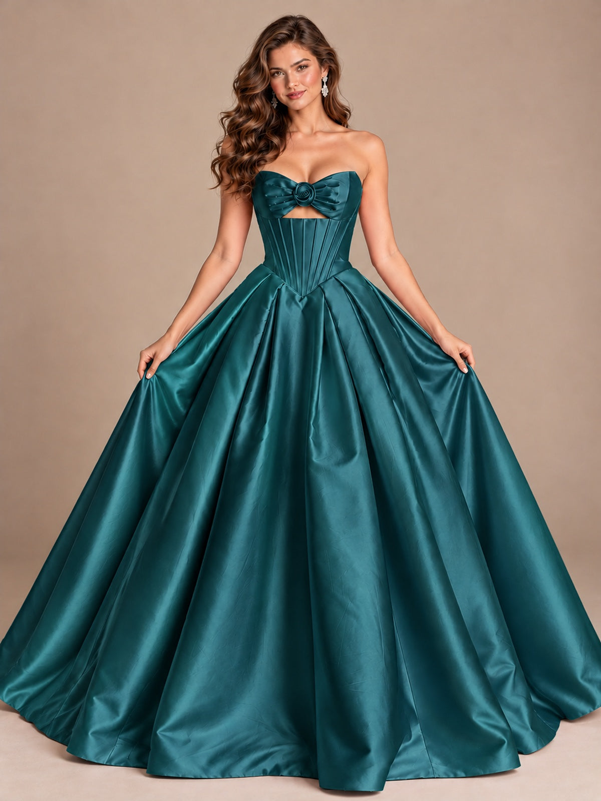 Pink Strapless Corset Satin Prom Derss & Ball Gown with 3D Floral