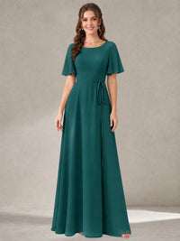 Teal Scoop Neck A-line Chiffon Bridesmaid Dress with Belt Flutter Sleeve Formal Wedding Guest Dress Evening Gown