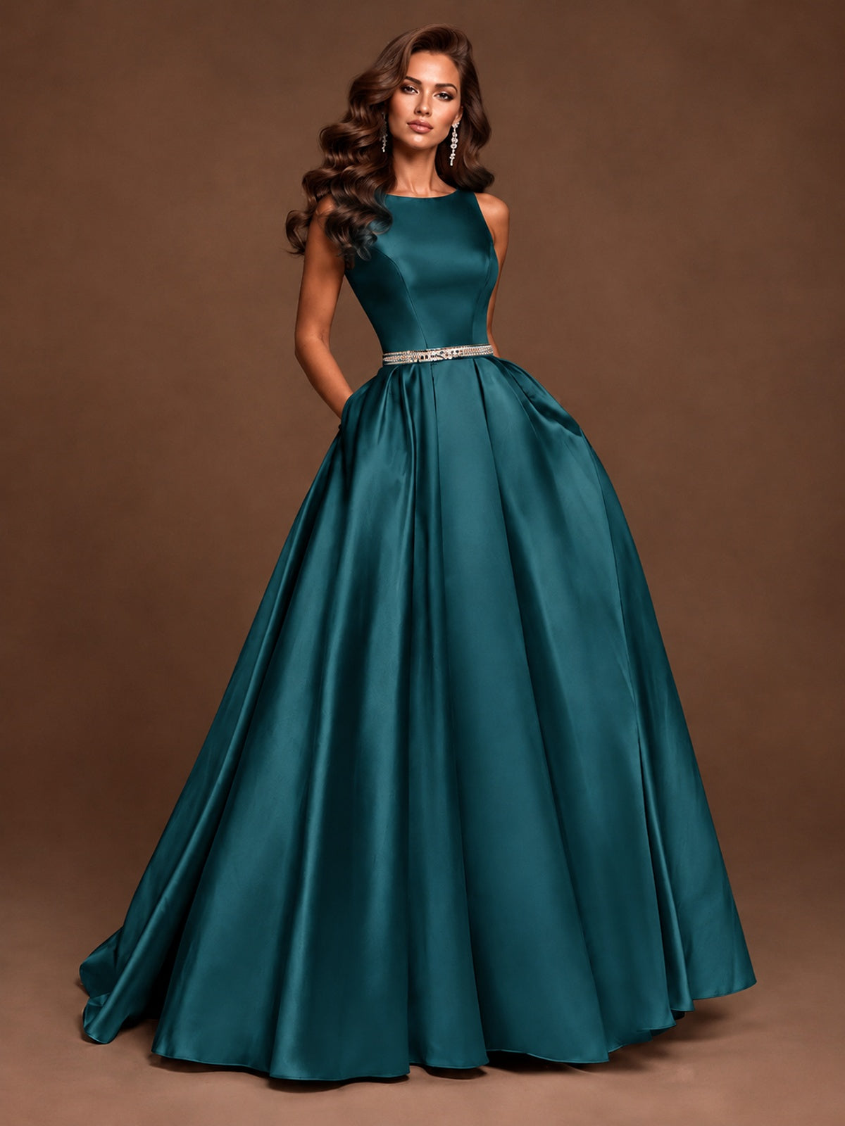 Satin A-Line Prom Dress Sleeveless Beaded Waist Formal Gown with Pockets