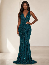 Sequin Mermaid Prom Dress with V-Neck and Ruched Waist